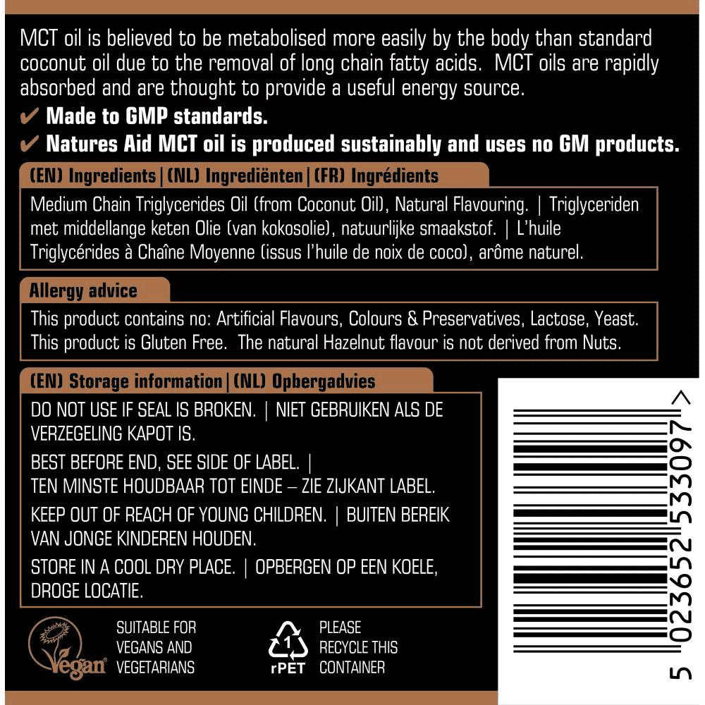 100% MCT Oil with Hazelnut Flavour 500ml