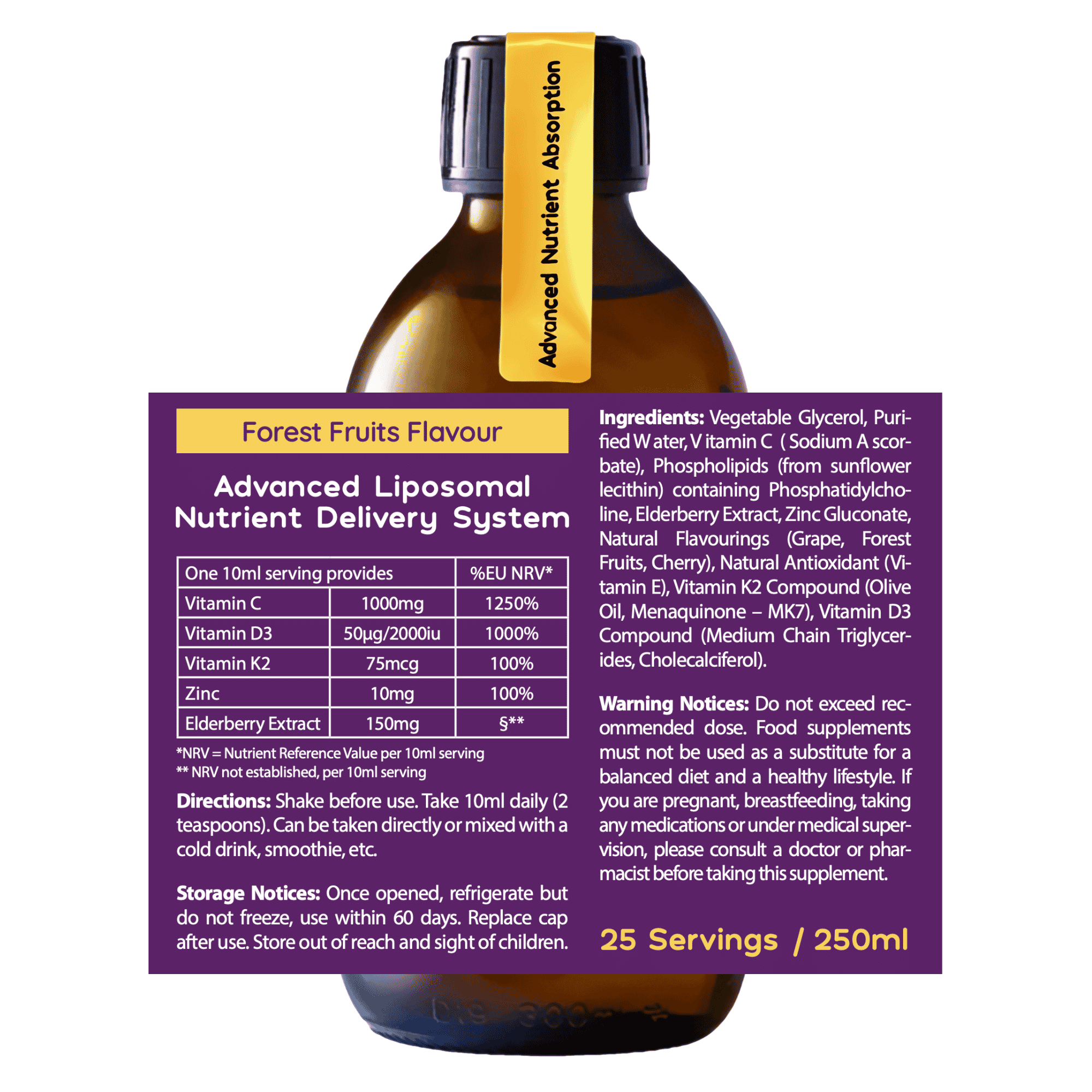 Liposomal Advanced Immune Support - Vitamins C, D3, K2 + Zinc + Elderberry Extract 250ml