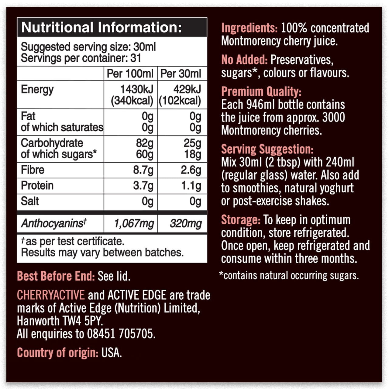 CherryActive 100% Concentrated Montmorency Cherry Juice 946ml
