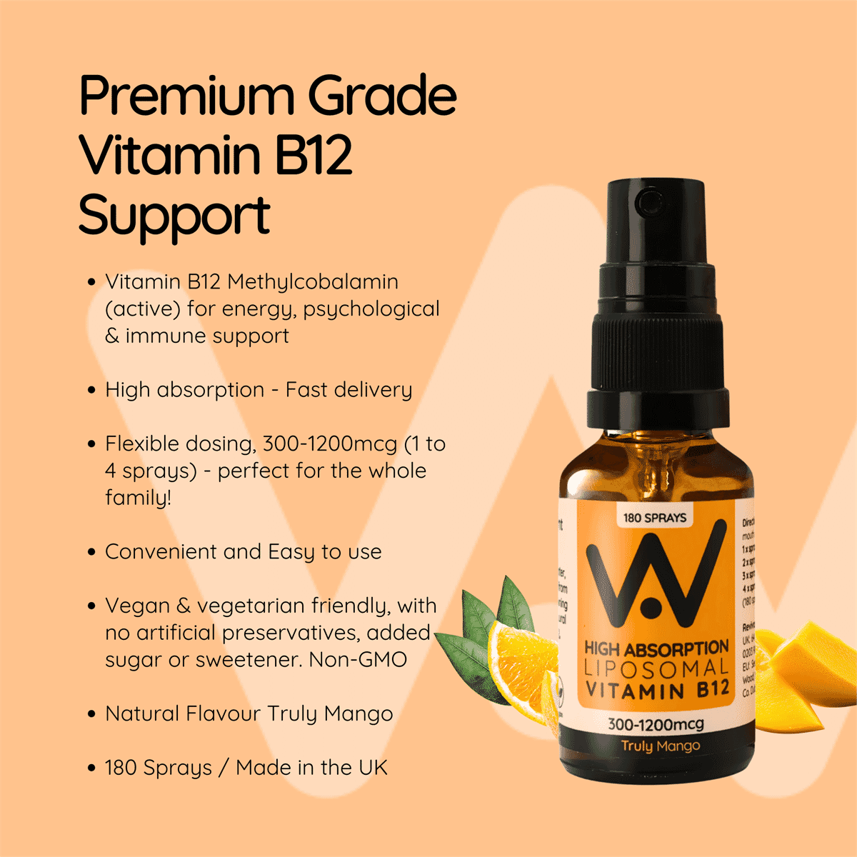 HA Liposomal Vitamin B12 300-1200mcg Methylcobalamin Oral Spray Truly Mango Flavour 25ml