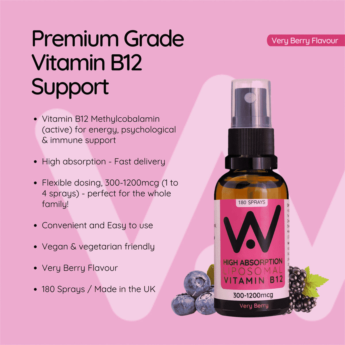 HA Liposomal Vitamin B12 300-1200mcg Methylcobalamin Oral Spray Very Berry Flavour 25ml