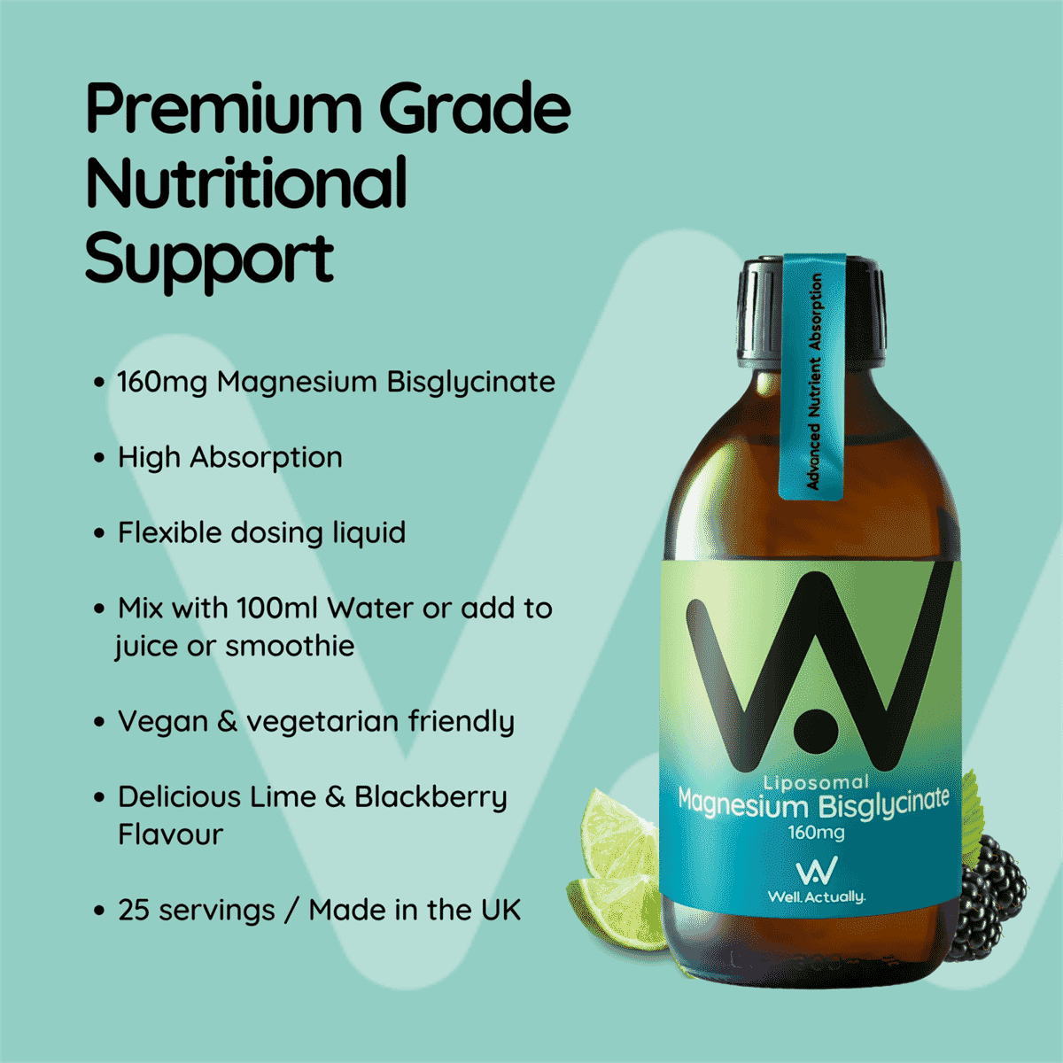 Liposomal Magnesium Bisglycinate 160mg Lime & Blackberry Flavour 250ml