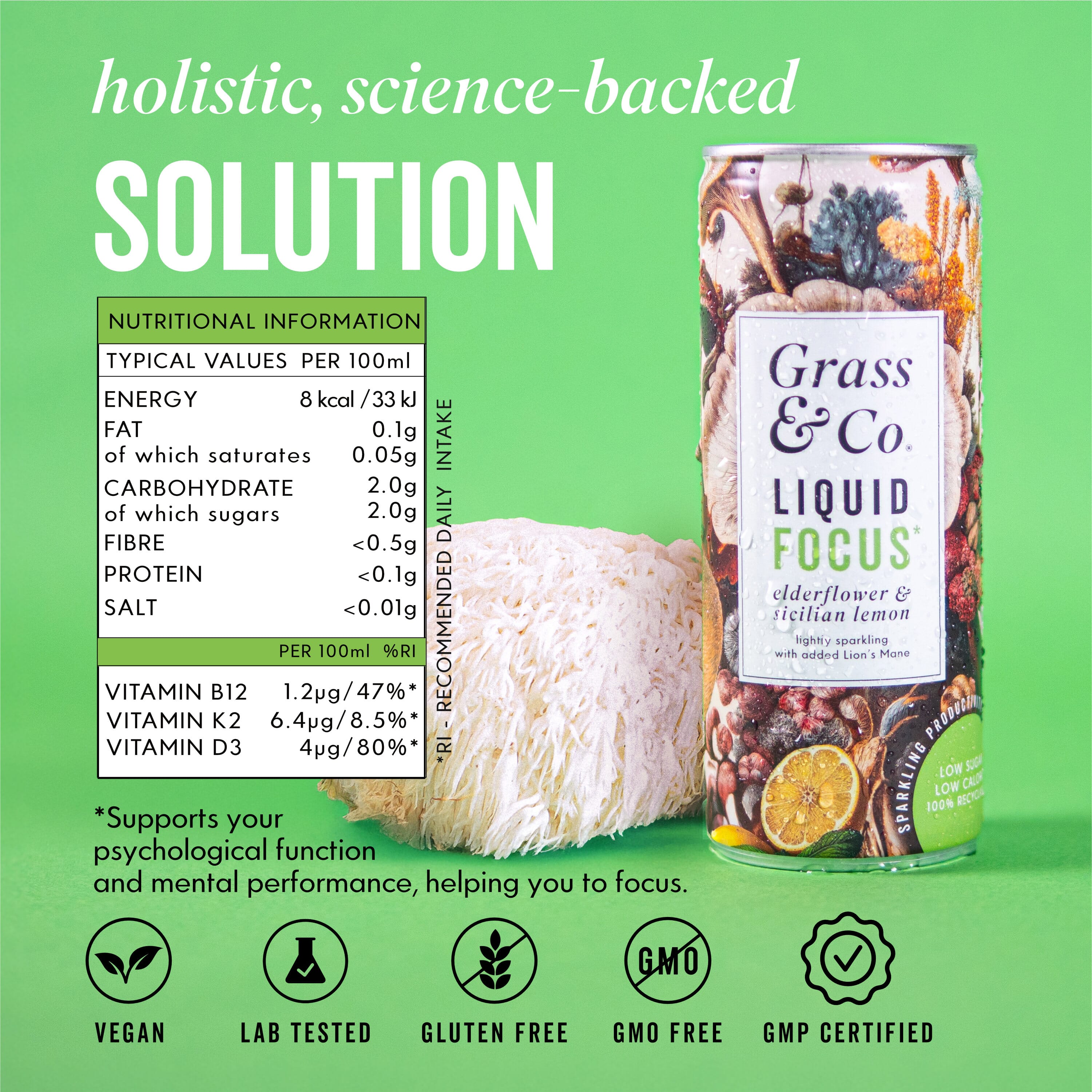 Liquid FOCUS Elderflower & Sicilian Lemon with Lion's Mane Nootropic Drink 250ml