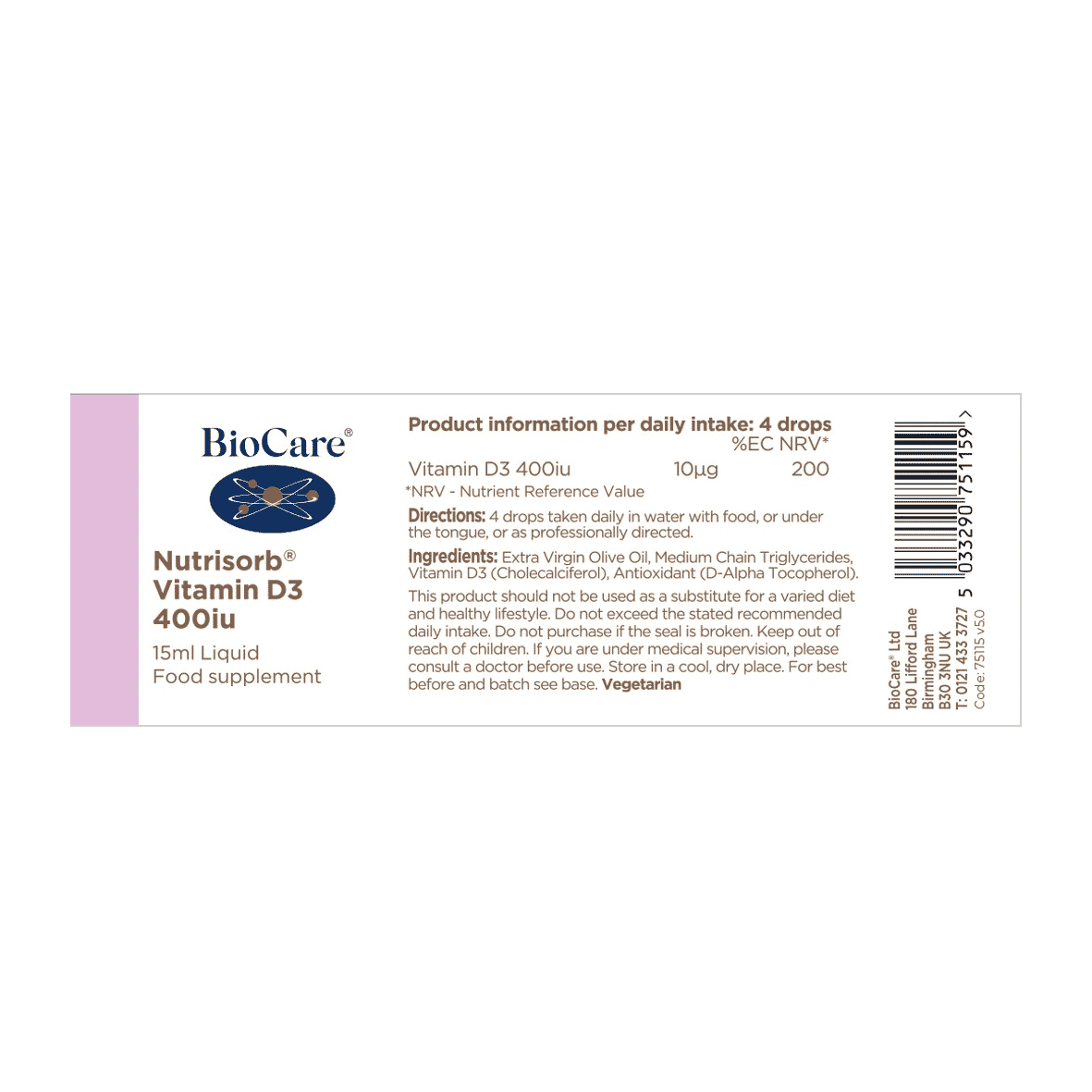 Nutrisorb Vitamin D3 400iu 15ml