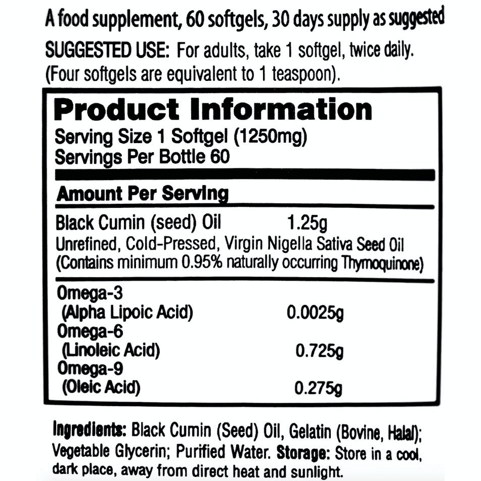 Premium Black Seed Oil Softgels 1250mg 60s