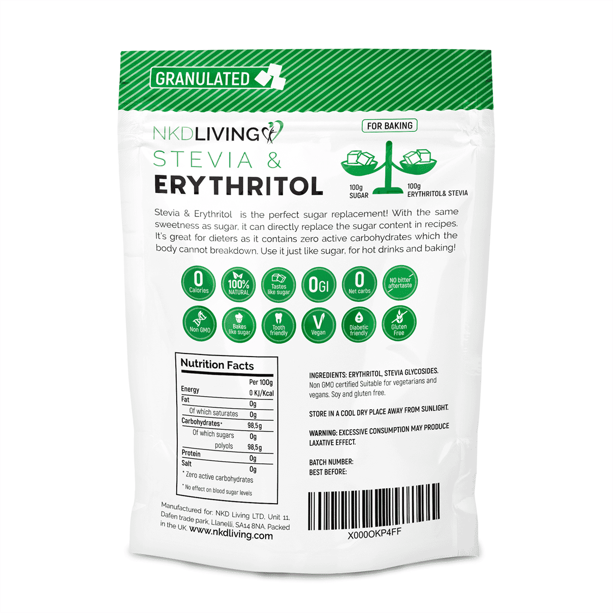 Stevia & Erythritol Natural Zero Calorie Sugar Replacement 750g