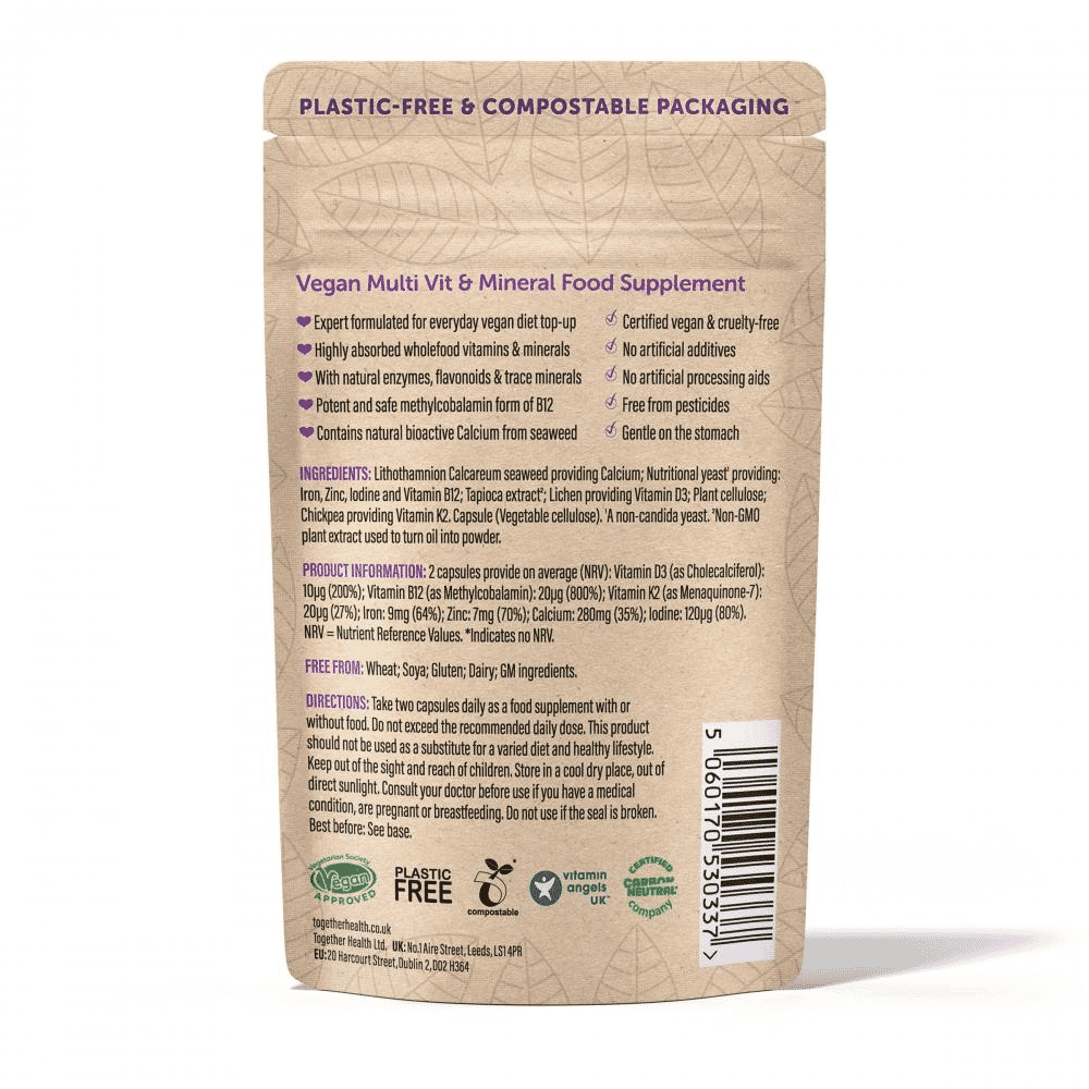 Vegan Multi Wholefood Multivitamin with D3, B12, K2, Iron, Zinc, Calcium & Iodine 60s