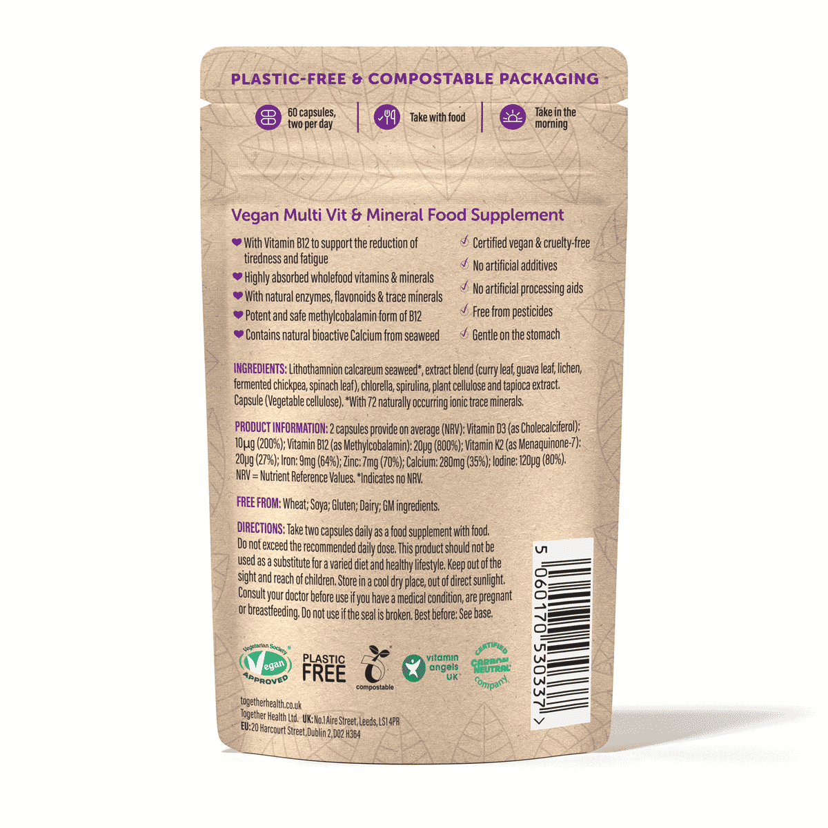Vegan Multi Wholefood Multivitamin with D3, B12, K2, Iron, Zinc, Calcium & Iodine 60s