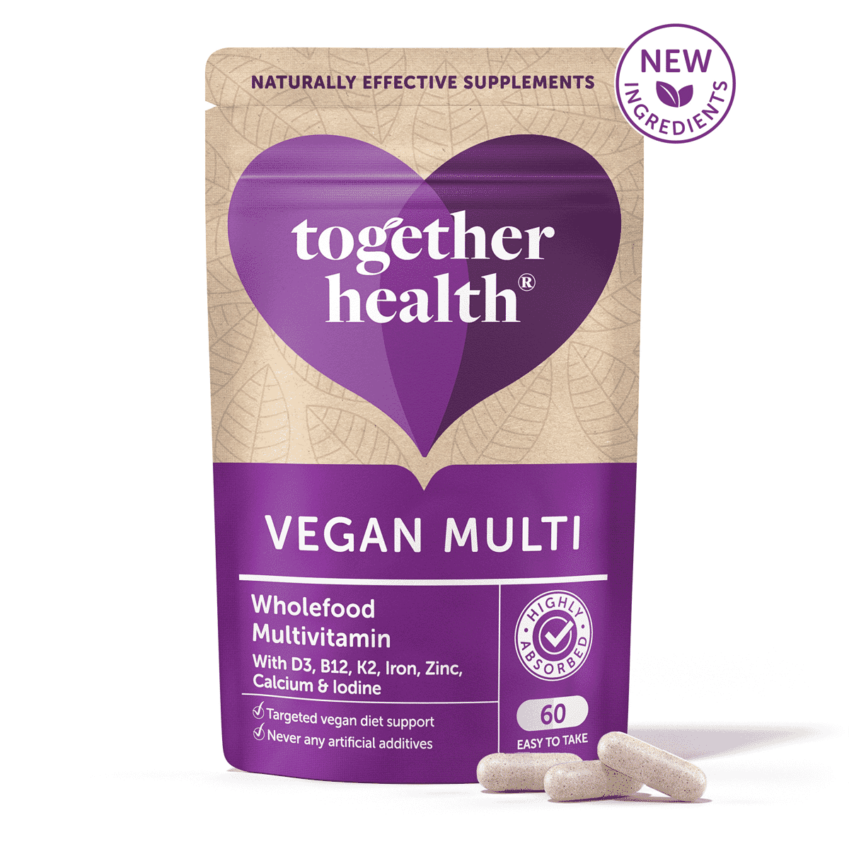 Vegan Multi Wholefood Multivitamin with D3, B12, K2, Iron, Zinc, Calcium & Iodine 60s