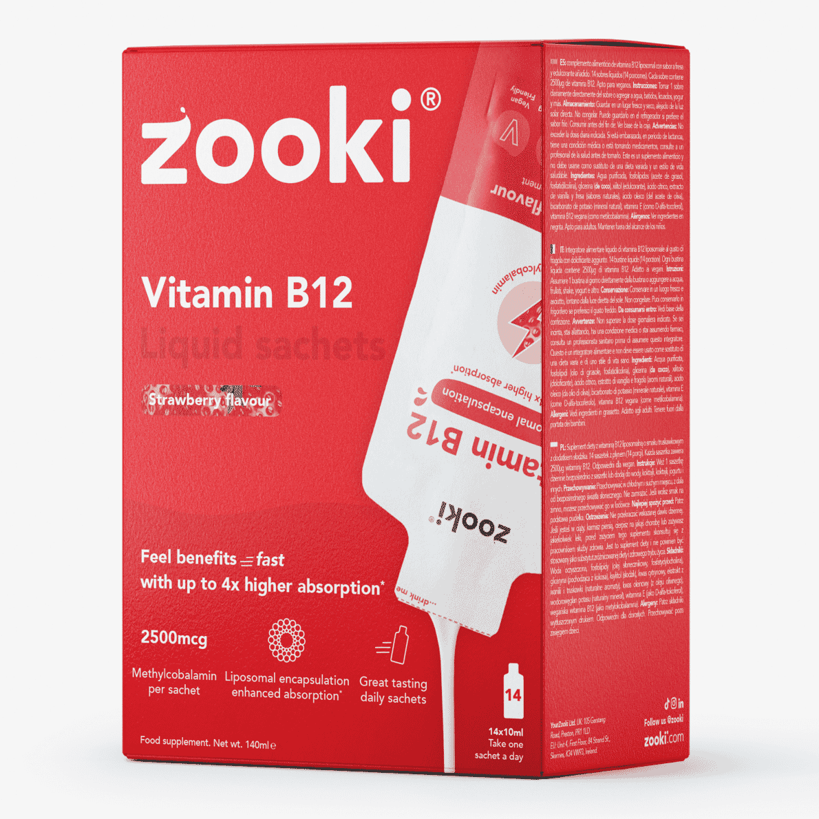 Vitamin B12 Liquid Sachets Strawberry Flavour 14x10ml Sachets CASE