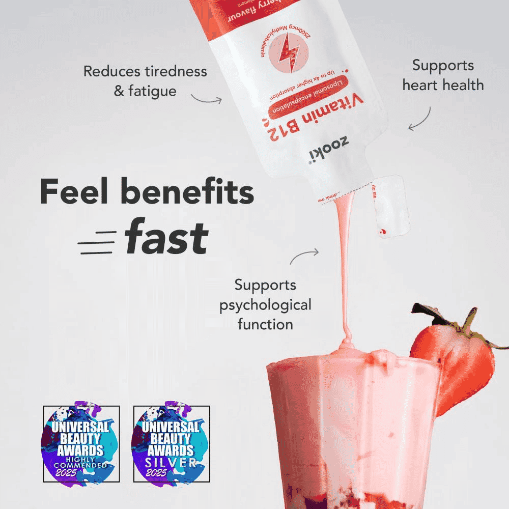 Zooki Liposomal Vitamin B12 2500mcg, Strawberry Flavour - 30x10ml Liquid Sachets