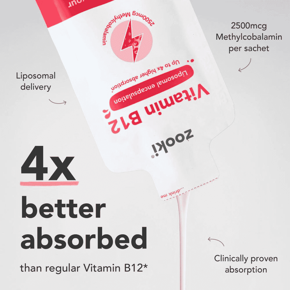 Zooki Liposomal Vitamin B12 2500mcg, Strawberry Flavour - 30x10ml Liquid Sachets
